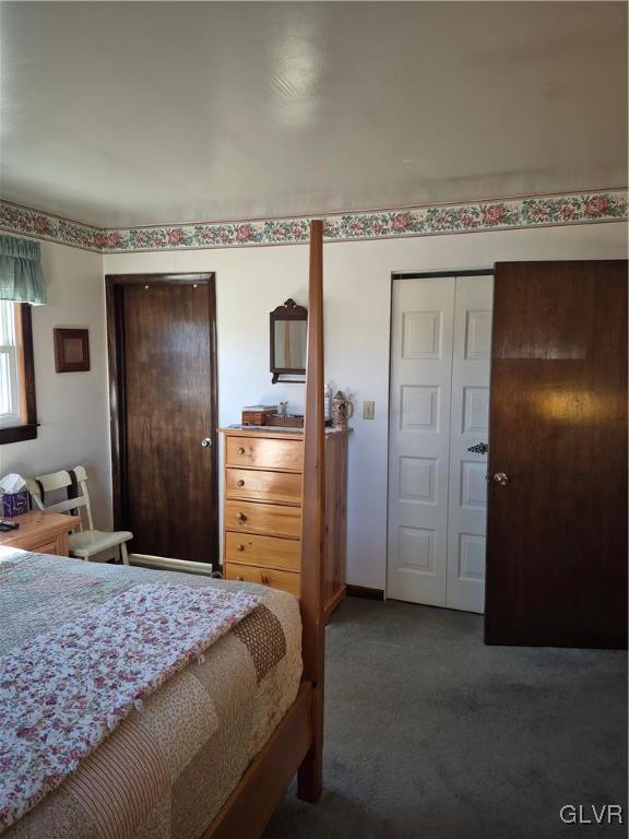 bedroom with dark colored carpet