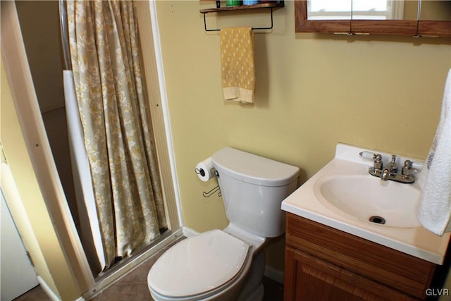 full bath featuring toilet, a shower stall, and vanity