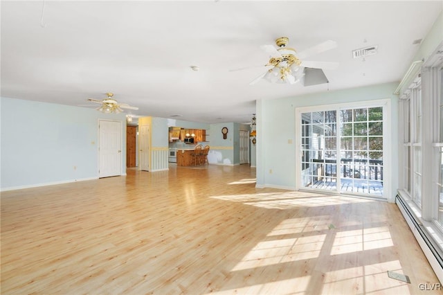 unfurnished living room with ceiling fan, a baseboard radiator, visible vents, baseboards, and light wood-style floors