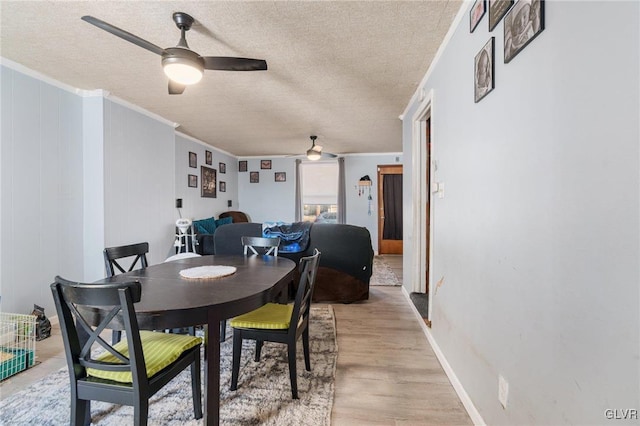 dining space with crown molding, light wood finished floors, a ceiling fan, a textured ceiling, and baseboards