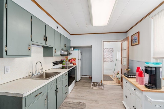 kitchen featuring electric range, light countertops, light wood-type flooring, under cabinet range hood, and a sink