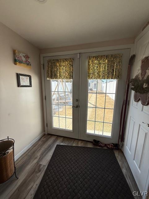 doorway to outside with french doors, plenty of natural light, baseboards, and wood finished floors