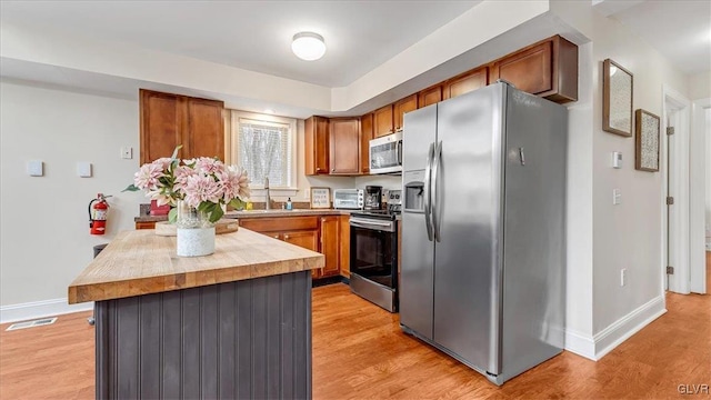 kitchen featuring visible vents, brown cabinetry, stainless steel appliances, light wood-type flooring, and a sink