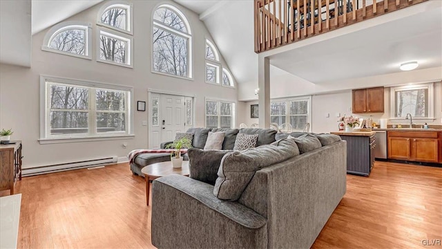 living room featuring light wood-style floors, a baseboard radiator, and high vaulted ceiling