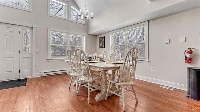 dining space with a chandelier, a baseboard heating unit, wood finished floors, visible vents, and baseboards