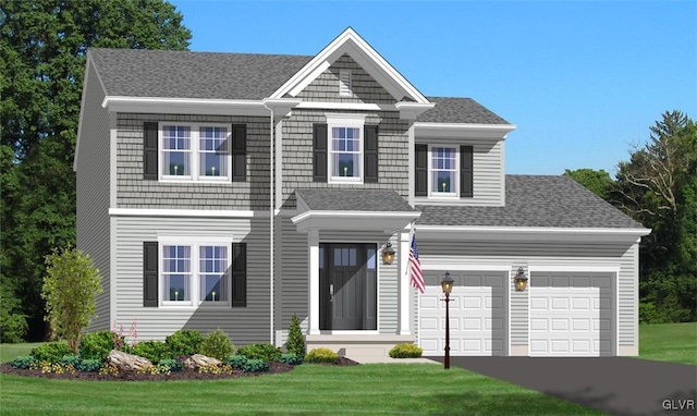 view of front facade featuring a garage, driveway, roof with shingles, and a front yard