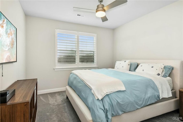 bedroom featuring a ceiling fan, visible vents, dark carpet, and baseboards