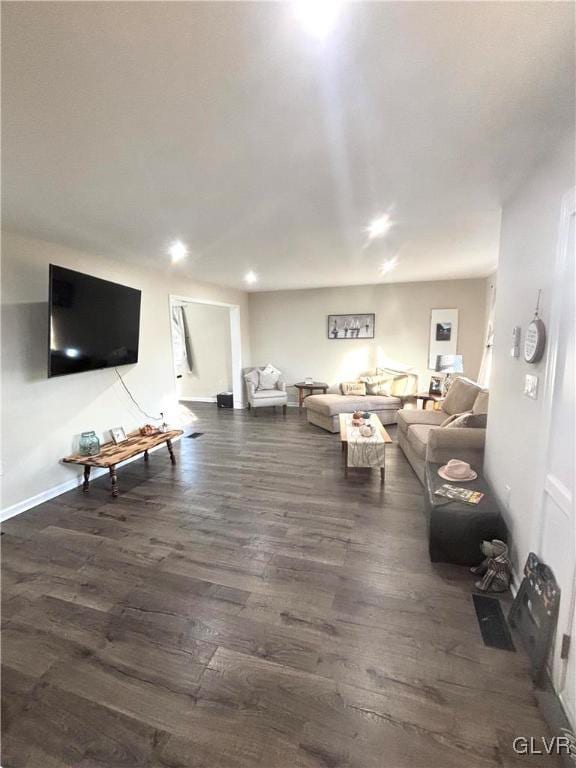 living room featuring dark wood-type flooring