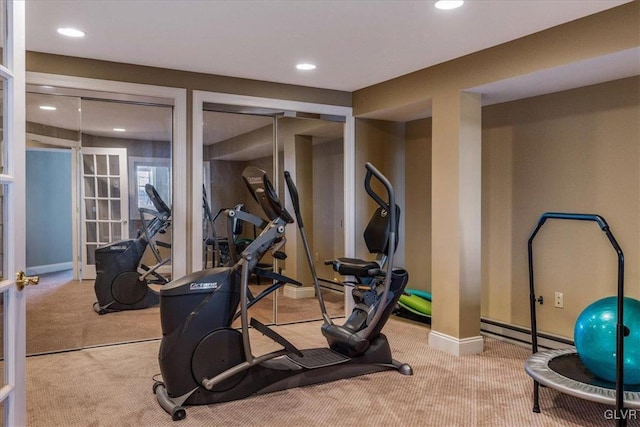 exercise room featuring recessed lighting, french doors, baseboards, and carpet