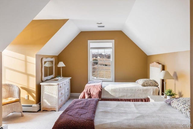 bedroom featuring vaulted ceiling, carpet flooring, visible vents, and a baseboard radiator