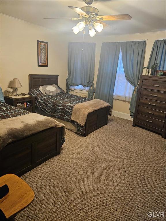 bedroom with a ceiling fan and carpet flooring