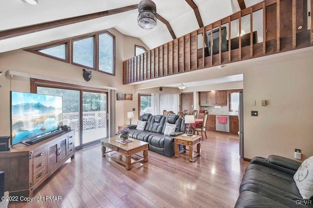 134 Moseywood Rd, Kidder Township S, PA 18624 - living room with high vaulted ceiling, ceiling fan, and light wood-type flooring
