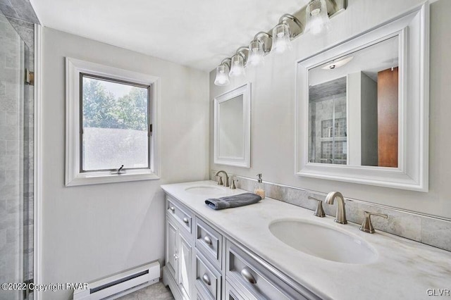 134 Moseywood Rd, Kidder Township S, PA 18624 - bathroom featuring double vanity, a sink, a shower with shower door, and a baseboard heating unit