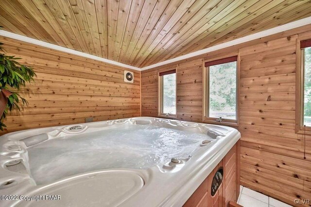 134 Moseywood Rd, Kidder Township S, PA 18624 - misc room featuring tile patterned floors, wood ceiling, wooden walls, and a hot tub