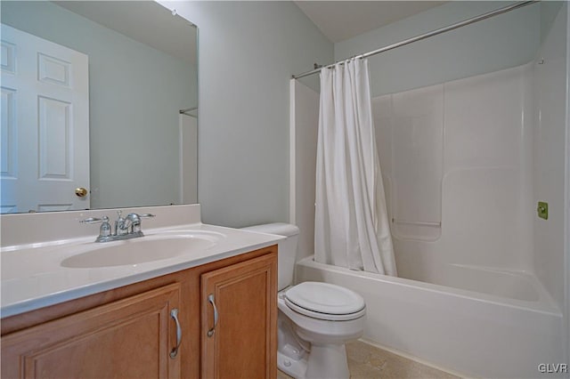 full bath featuring toilet, shower / tub combo with curtain, and vanity