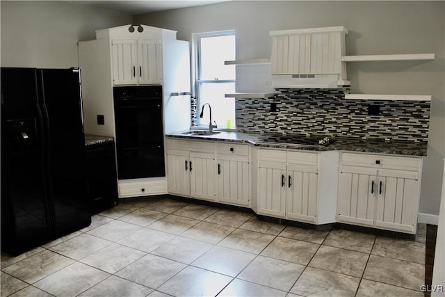 kitchen with ventilation hood, a sink, black appliances, and open shelves