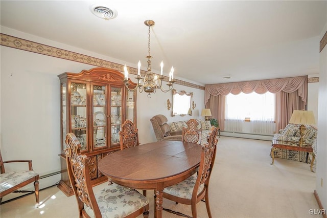 dining space featuring light carpet, visible vents, baseboard heating, and a chandelier