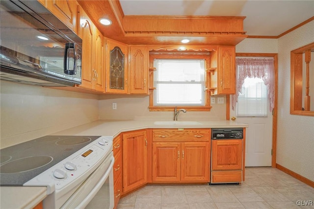 kitchen with white range with electric cooktop, dishwasher, light countertops, black microwave, and a sink