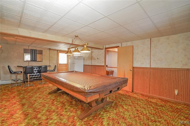 rec room featuring a wainscoted wall, wallpapered walls, carpet flooring, and pool table