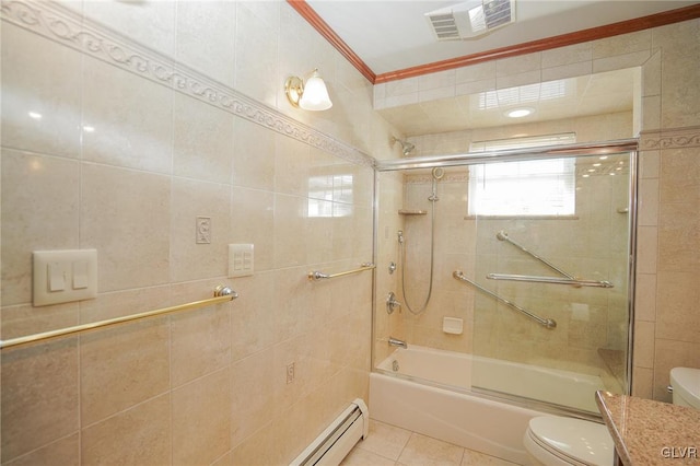 full bathroom featuring toilet, tile patterned flooring, visible vents, and tile walls