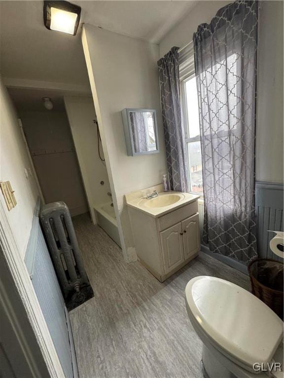 bathroom with walk in shower, wood finished floors, and vanity