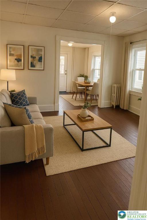 253 N 2nd, Lehighton Boro, PA 18235 - living room featuring radiator, a paneled ceiling, healthy amount of natural light, and hardwood / wood-style floors