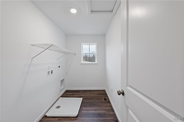 laundry room featuring laundry area, visible vents, wood finished floors, hookup for an electric dryer, and washer hookup