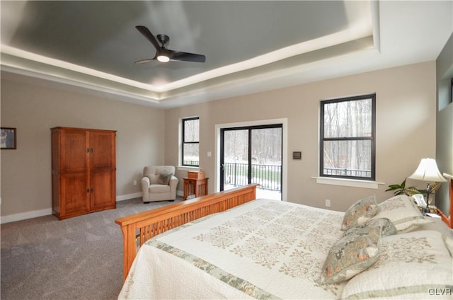 bedroom featuring carpet, access to outside, multiple windows, and a tray ceiling