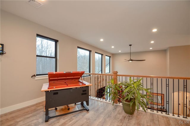 rec room featuring recessed lighting, visible vents, a ceiling fan, wood finished floors, and baseboards