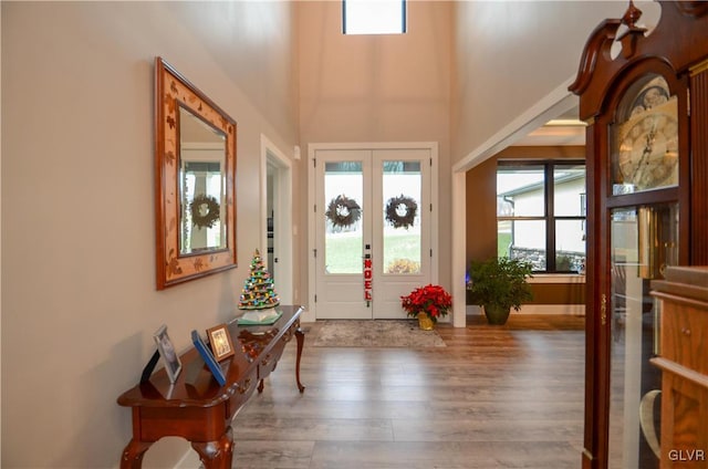 entrance foyer with a high ceiling, wood finished floors, and french doors