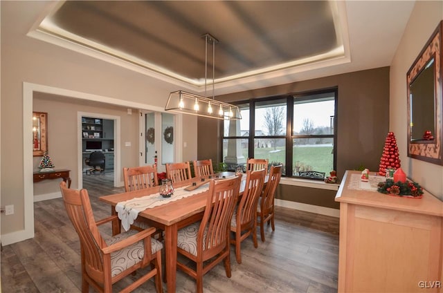 dining room with baseboards, a tray ceiling, and wood finished floors