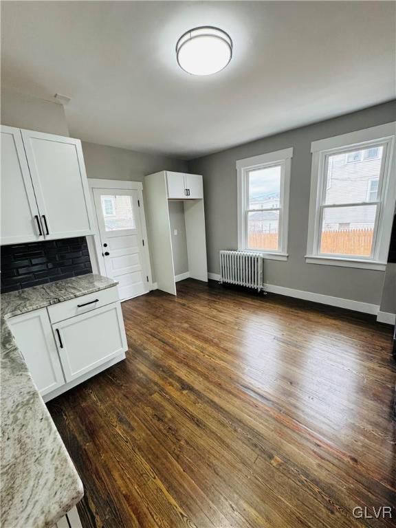 kitchen featuring baseboards, white cabinets, light stone countertops, dark wood-style floors, and radiator heating unit