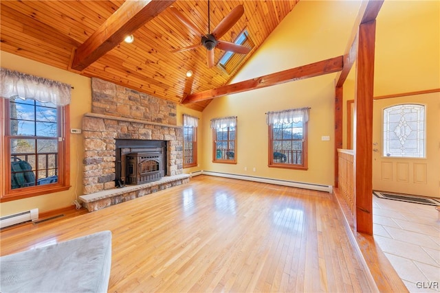 unfurnished living room featuring a ceiling fan, wood ceiling, wood finished floors, baseboard heating, and high vaulted ceiling