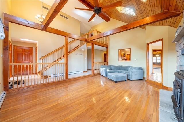 unfurnished living room with high vaulted ceiling, visible vents, beamed ceiling, and hardwood / wood-style flooring