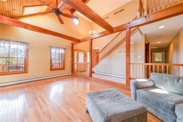 unfurnished living room featuring visible vents, vaulted ceiling with beams, baseboard heating, and wood finished floors