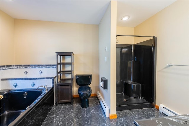 full bathroom featuring a baseboard heating unit, marble finish floor, a stall shower, and toilet