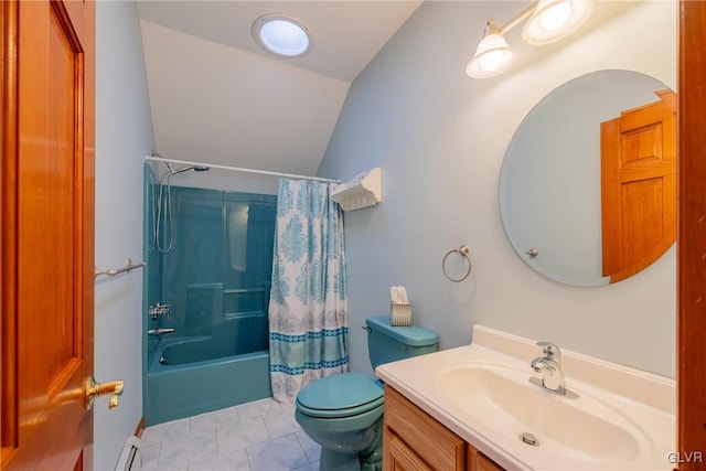 bathroom featuring toilet, a baseboard heating unit, vaulted ceiling, vanity, and tile patterned flooring