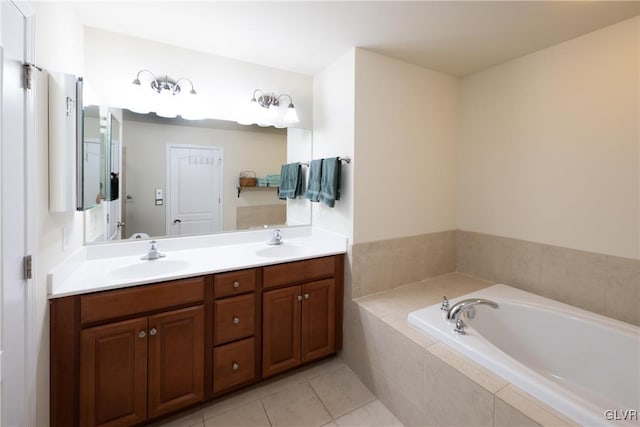 full bath with tile patterned flooring, a sink, a bath, and double vanity