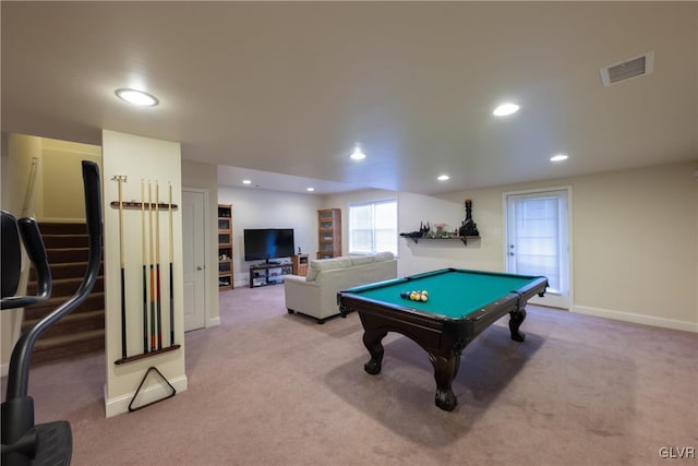 rec room featuring recessed lighting, visible vents, carpet flooring, billiards, and baseboards