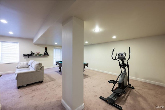 workout area featuring carpet floors, recessed lighting, pool table, and baseboards