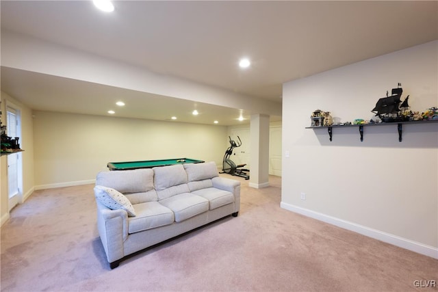 living area with light carpet, pool table, baseboards, and recessed lighting