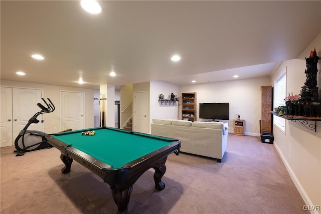 recreation room featuring light carpet, pool table, baseboards, and recessed lighting