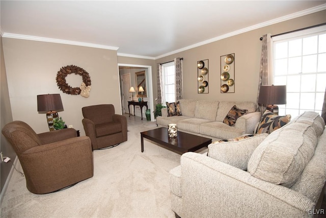 carpeted living area with ornamental molding