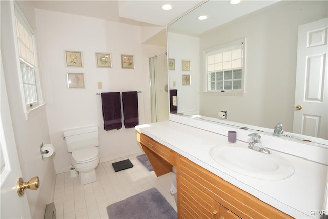 full bathroom with toilet, recessed lighting, vanity, baseboard heating, and tile patterned floors