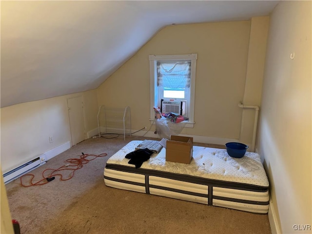 bonus room with carpet floors, a baseboard heating unit, vaulted ceiling, cooling unit, and baseboards