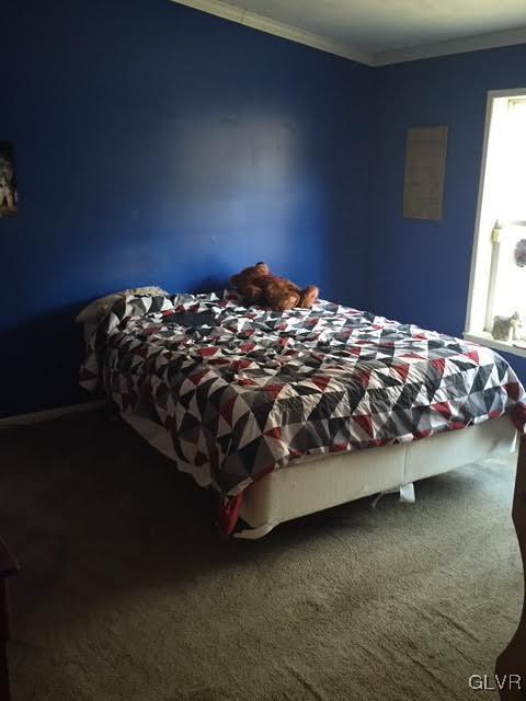 bedroom with carpet floors and crown molding