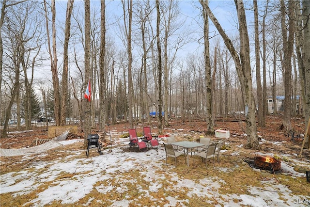 view of yard featuring an outdoor fire pit