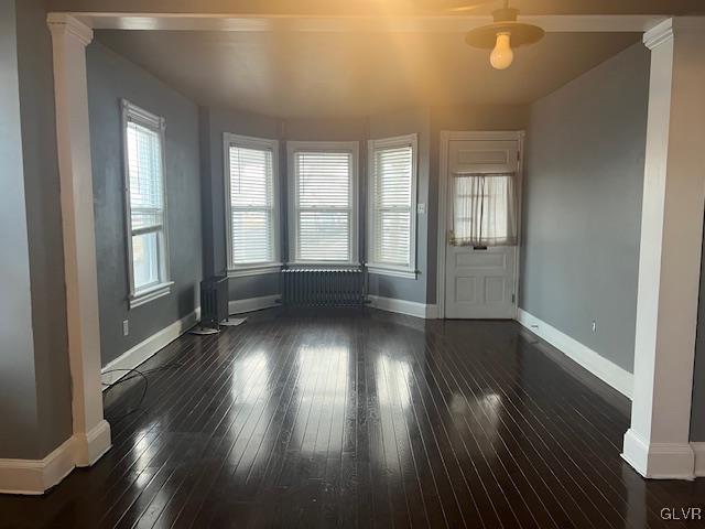 interior space with dark wood-style floors, decorative columns, and baseboards