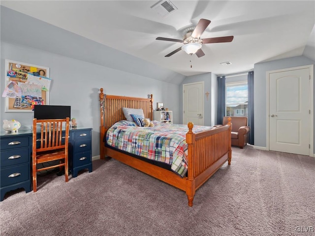 carpeted bedroom with vaulted ceiling, ceiling fan, visible vents, and baseboards