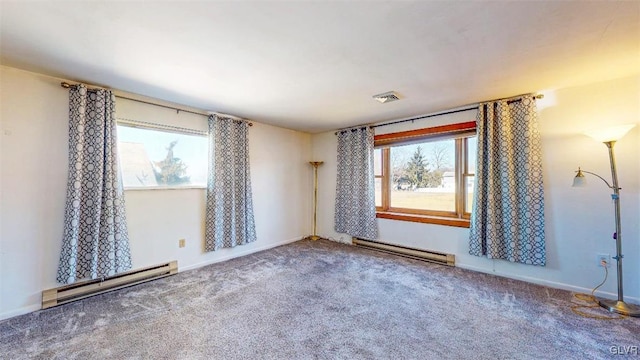 spare room featuring a baseboard radiator, carpet flooring, visible vents, and baseboards